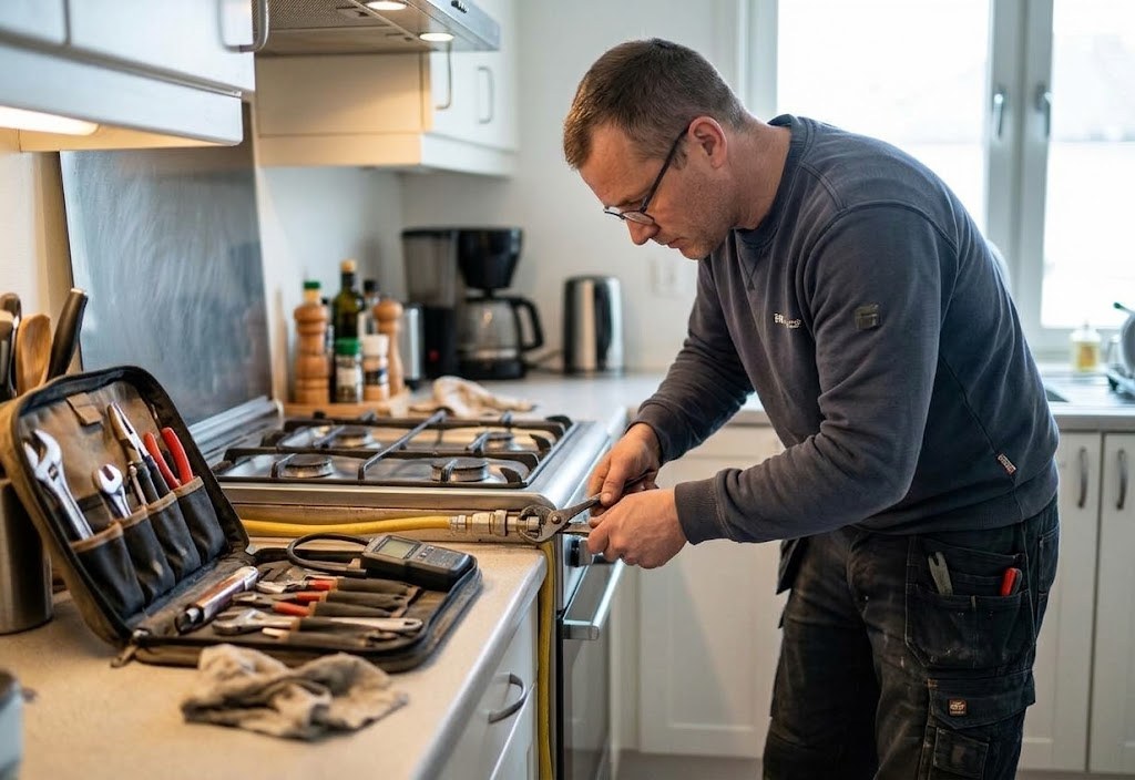 Gastekniker utför gasservice på gasledning i ett kök i Stockholm